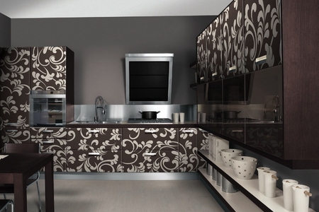 Современная чёрная угловая кухня с рисунками в стиле Хай Тек купить по лучшим ценам